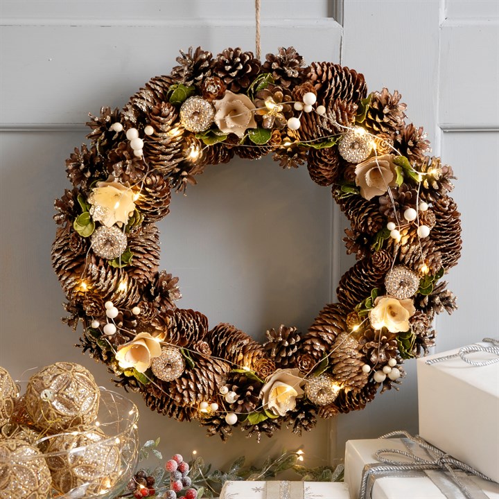 Pre-Lit Gold Rose and Pinecone Christmas Wreath