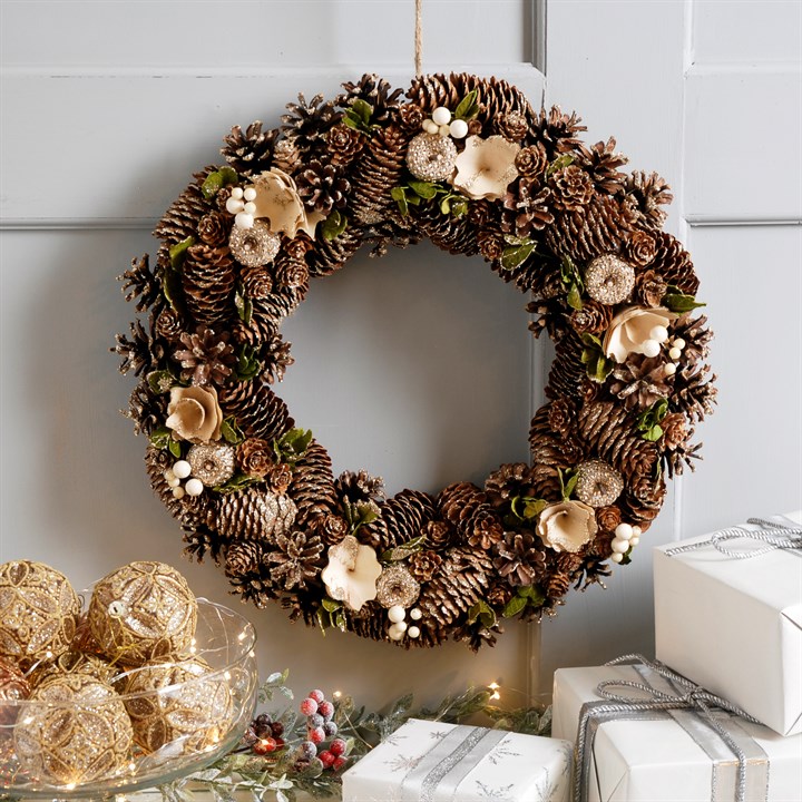 Gold Rose and Pinecone Christmas Wreath Decoration