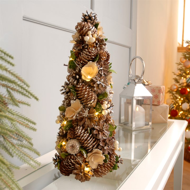 Pre-lit Gold Rose and Pinecone Tabletop Christmas Tree