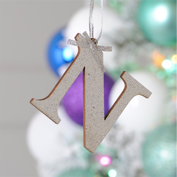 Silver Initial 'N' Wooden Hanging Decoration