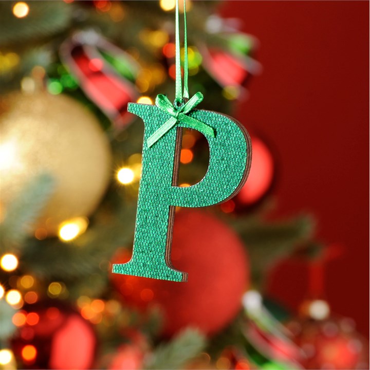 Green Initial 'P' Wooden Hanging Decoration