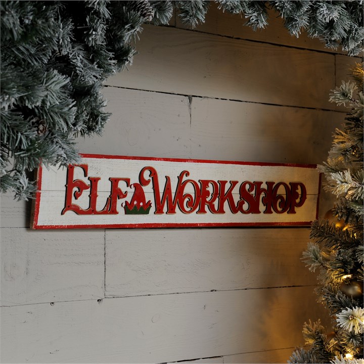 White 'Elf Workshop' Wooden Sign