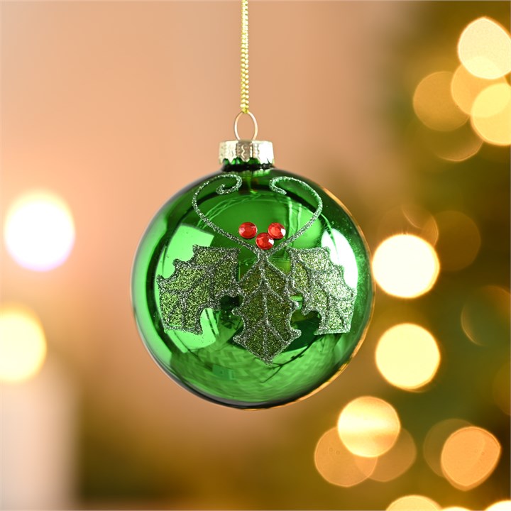 Green Holly Glass Bauble