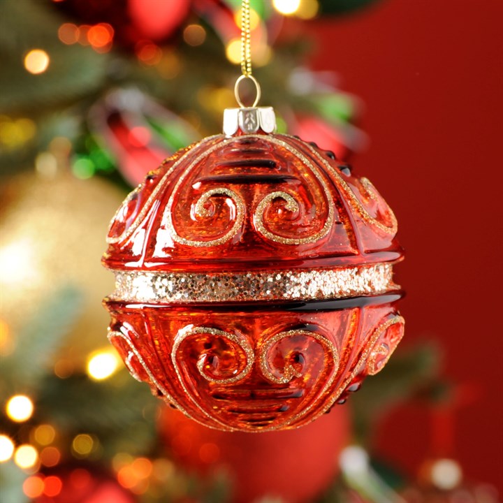 Red With Gold Glitter Band Glass Bauble
