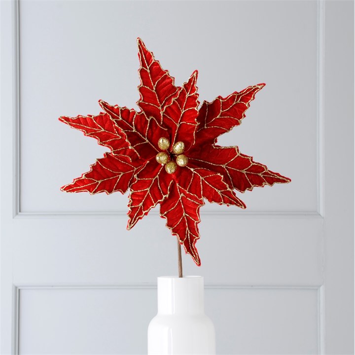 50cm Red Velvet Poinsettia With Glitter Floristry Stem