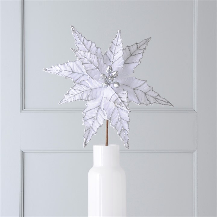 50cm White Velvet Poinsettia With Glitter Floristry Stem