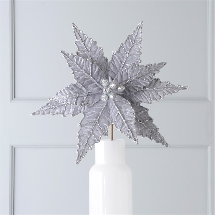 50cm Silver Velvet Poinsettia With Glitter Floristry Stem