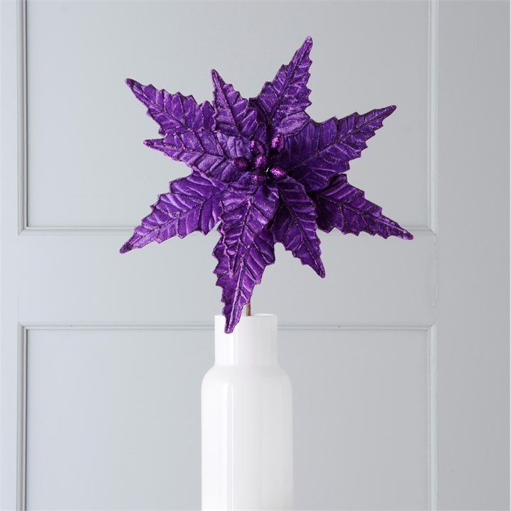 50cm Purple Velvet Poinsettia With Glitter Floristry Stem