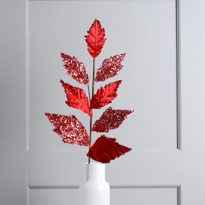 76cm Red Velvet Glitter Faux Leaf Stem