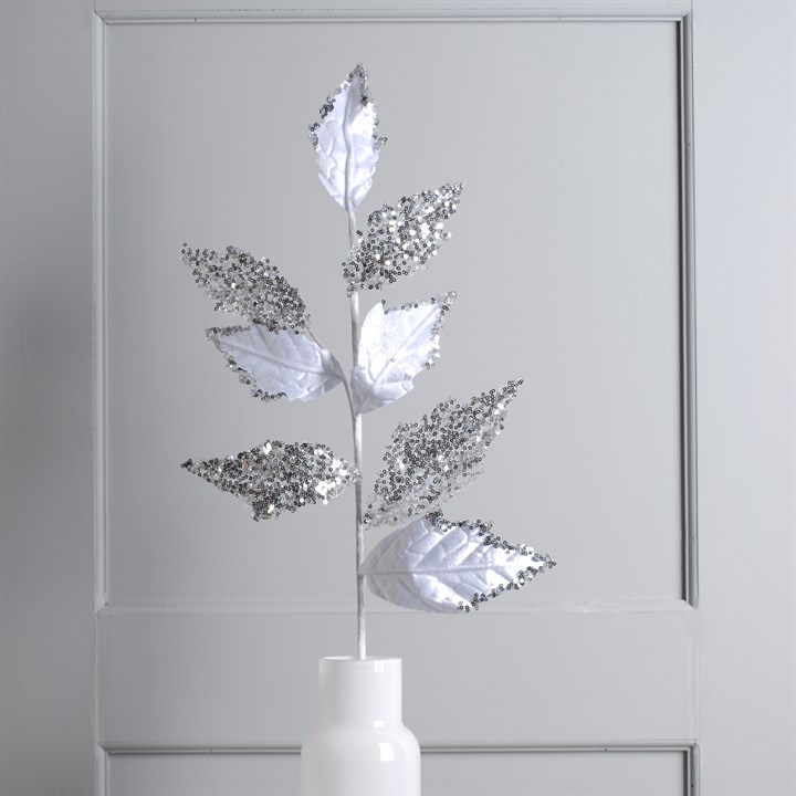 76cm White Velvet Glitter Faux Leaf Stem