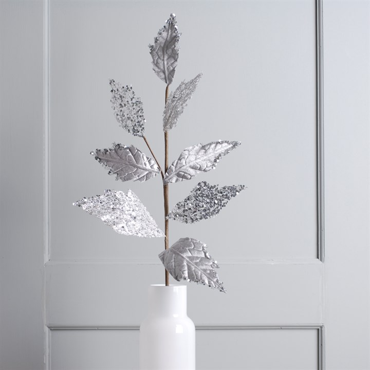 76cm Silver Velvet Glitter Faux Leaf Stem