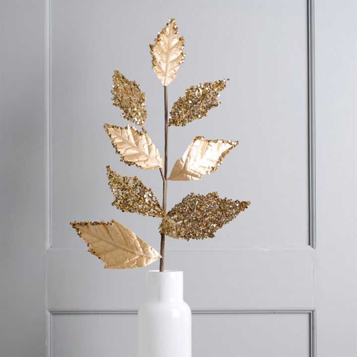 76cm Classic Gold Velvet Glitter Faux Leaf Stem