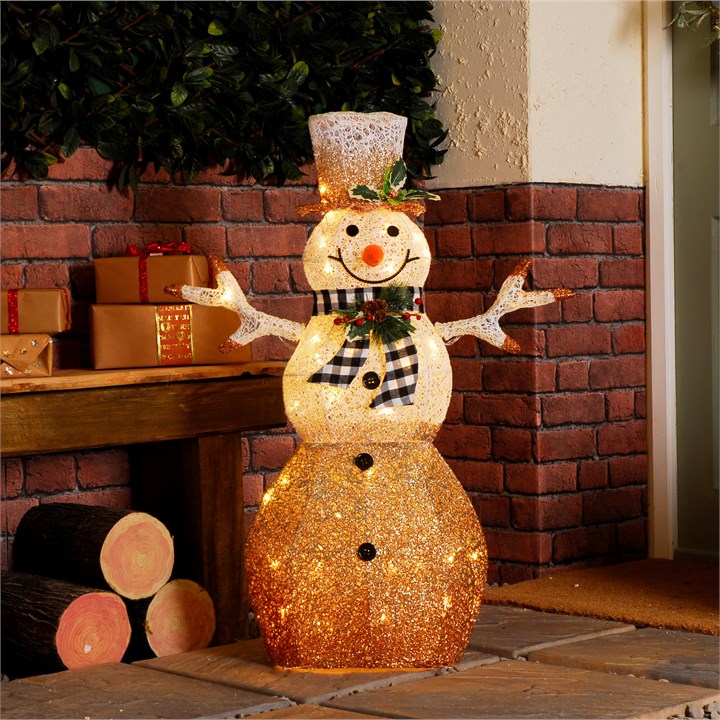 90cm Battery Operated Lit White And Gold Mesh Snowman