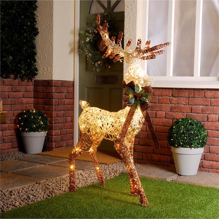 1.2m Outdoor Lit White And Gold Plastic Rattan Reindeer