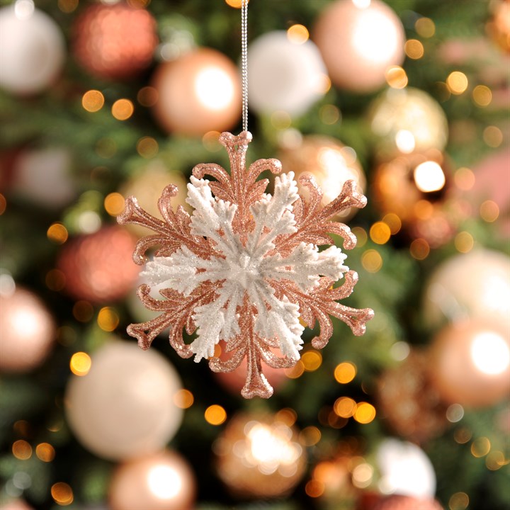 White and Copper Glitter Snowflake Hanging Decoration