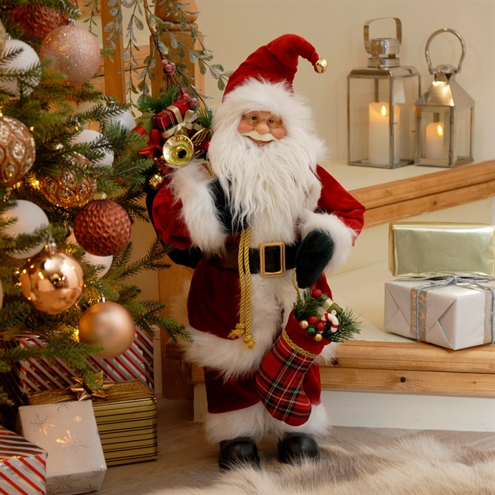 60cm Standing Red Velvet Santa Claus Figure with Tartan Stocking