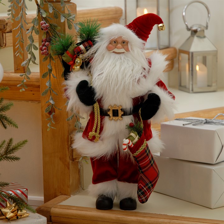 45cm Standing Red Velvet Santa Claus Figure with Tartan Stocking