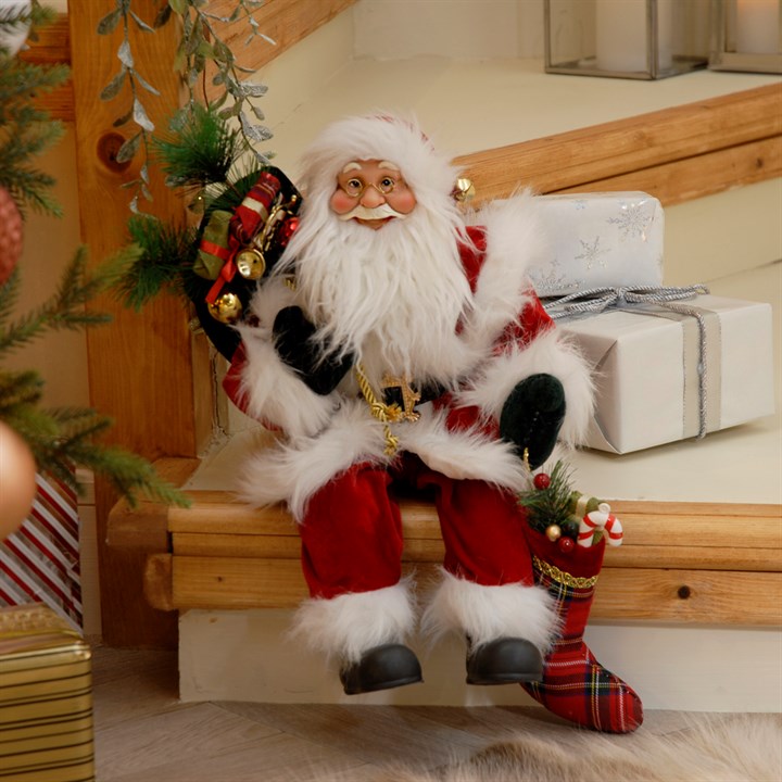 45cm Sitting Red Velvet Santa Claus Figure with Tartan Stocking
