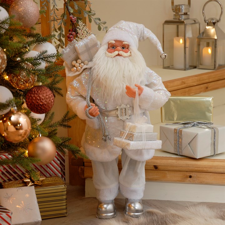 60cm Standing White Glitter Santa with Sack and Presents