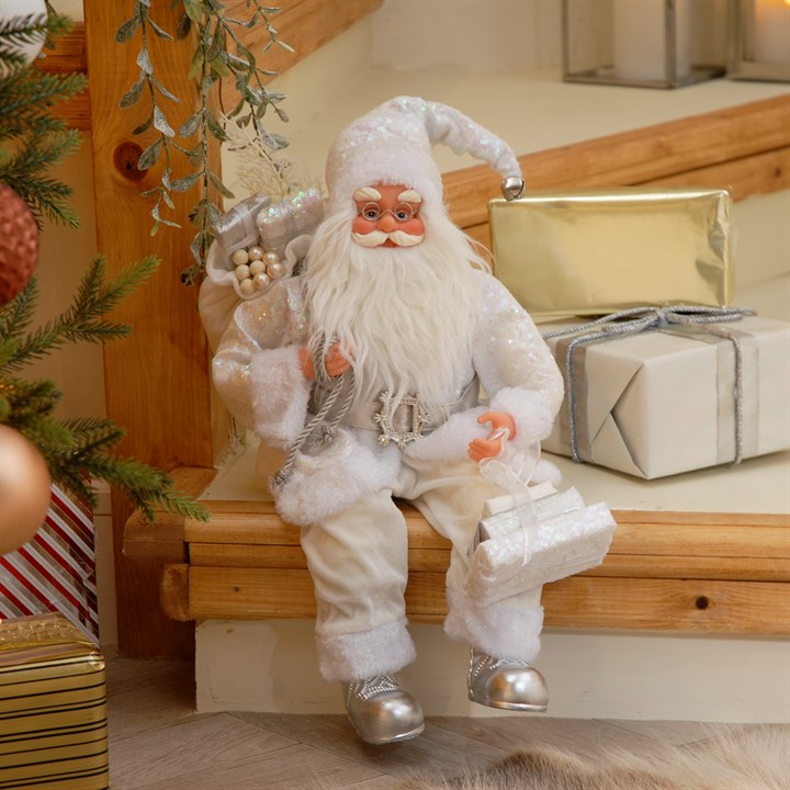 45cm Sitting White Glitter Santa with Sack and Presents