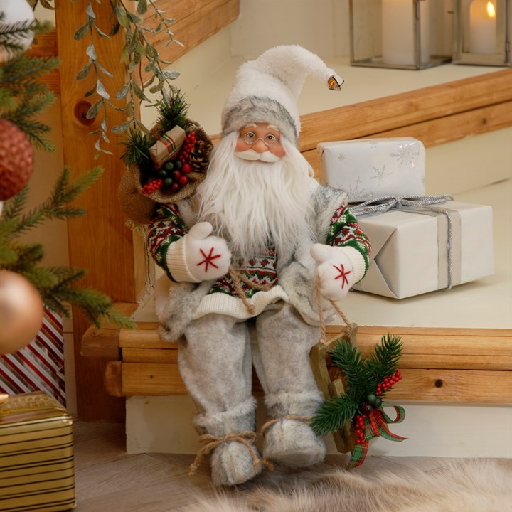 45cm Sitting Nordic Style Santa with Santa Sack, Mittens and Faux Fur Boots