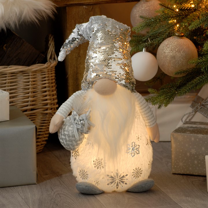 40cm Silver and White Reversible Sequin Light up Gonk