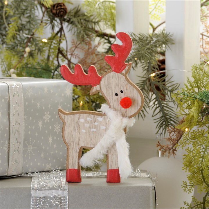 17cm Wooden Reindeer With Pom Pom Nose