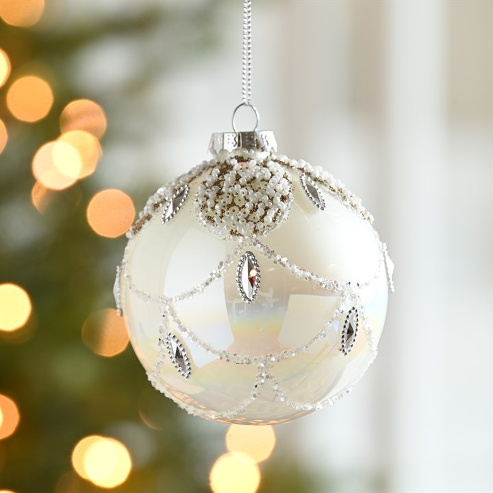 Pearl White Gems and Glitter Glass Bauble