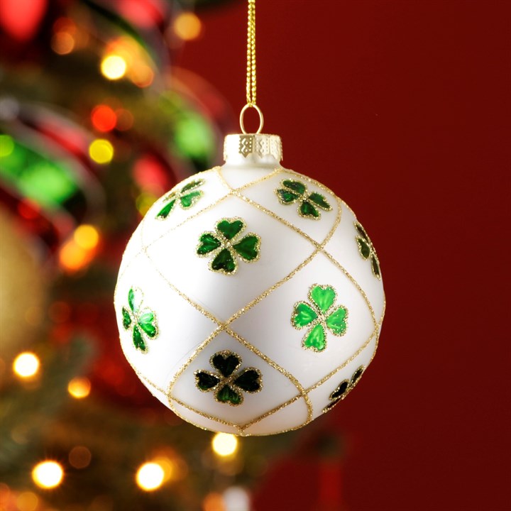White and Green Clover Glass Bauble