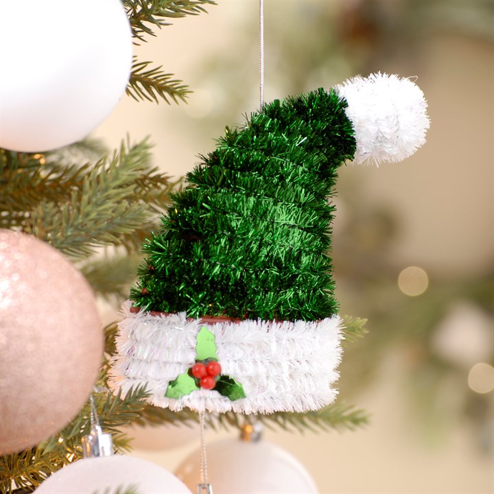 Green Tinsel Hat Hanging Christmas Decoration