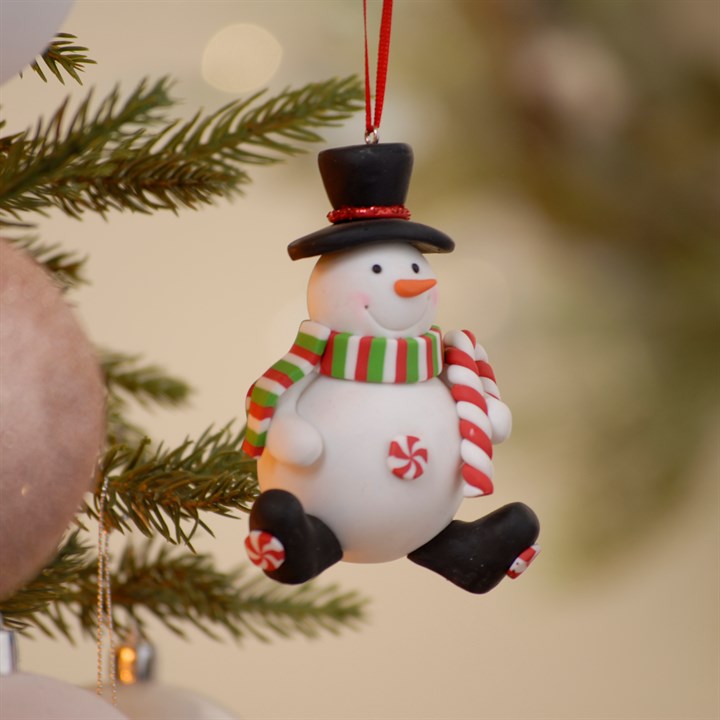 Snowman with Candy Cane Claydough Christmas Tree Decoration