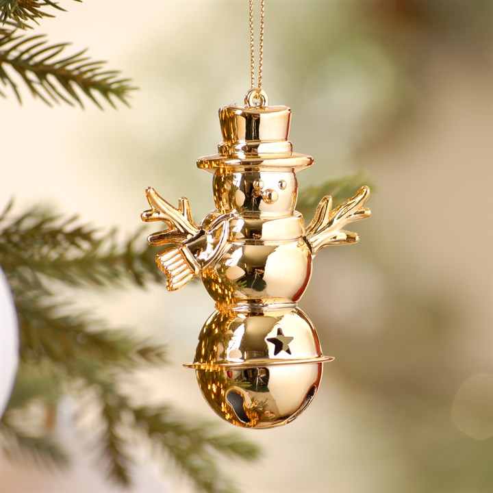 Gold Metallic Snowman Bell Christmas Tree Decoration