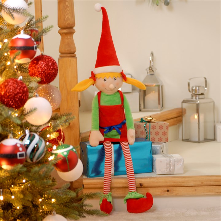 Red Sitting Girl Elf Decoration with Dangly Legs