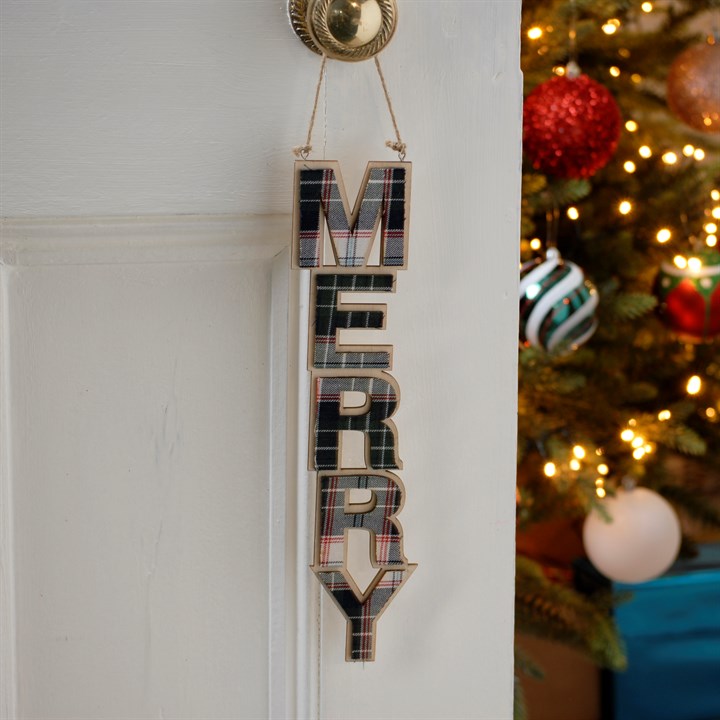 30cm Navy Tartan 'Merry' Wood Hanging Christmas Decoration