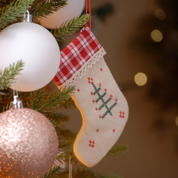 Cream Christmas Tree Cross Stitch Stocking Decorations