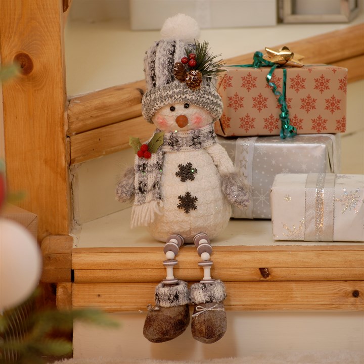 Grey Snowman with Dangly Legs and Bobble Hat