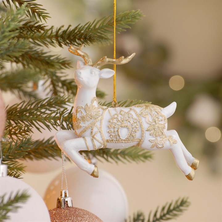 Prancing White & Gold Reindeer Hanging Christmas Decoration
