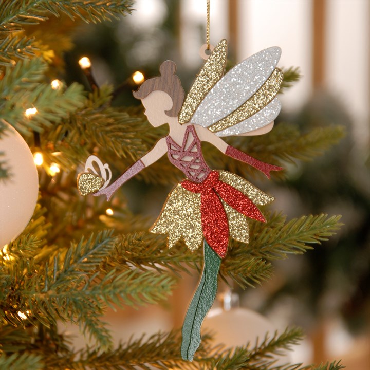 Red and Green Woodland Fairy Looking Down Hanging Decoration