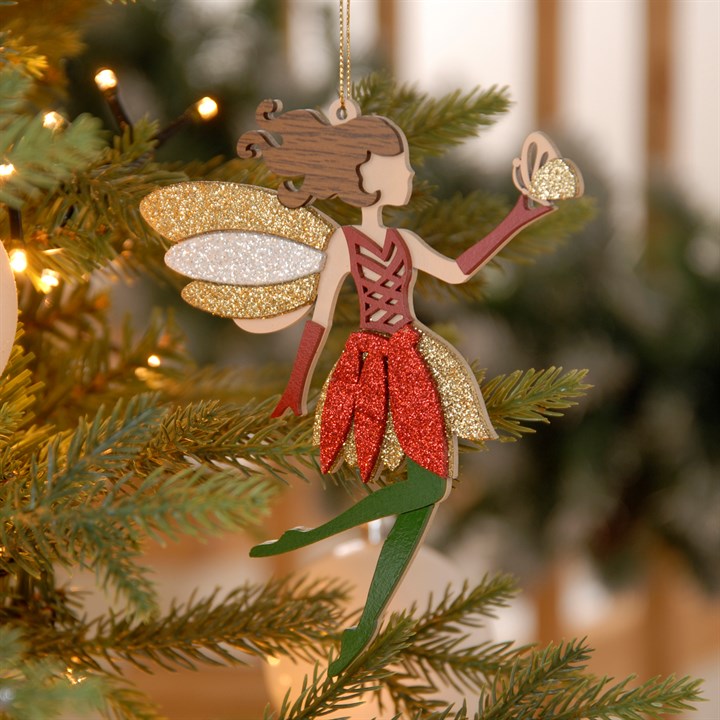 Red and Green Woodland Fairy Looking Up Hanging Decoration