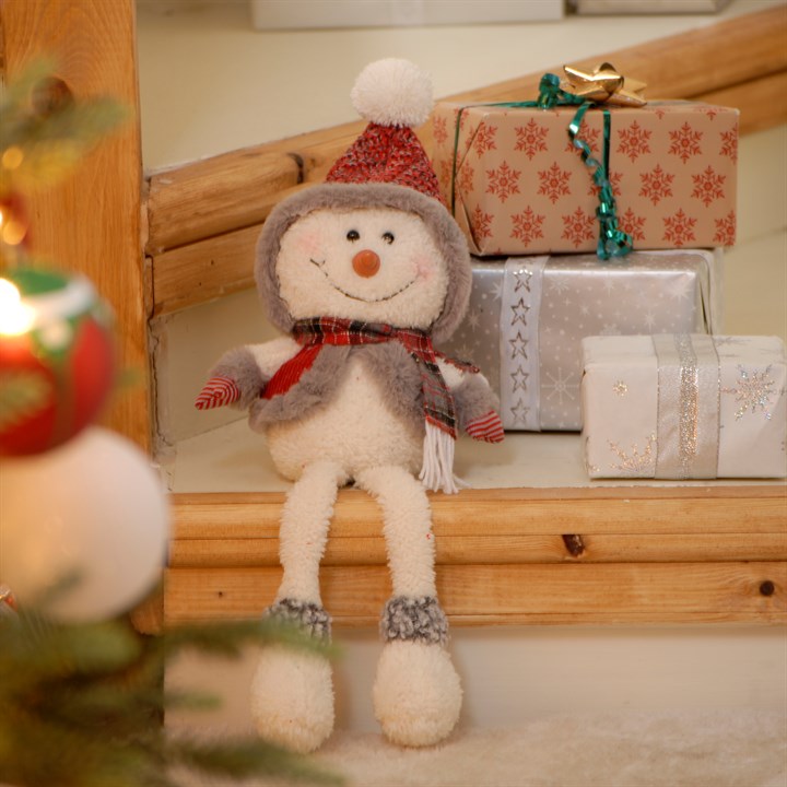 Sitting Snowman with Red Knitted Hat and Dangly Legs