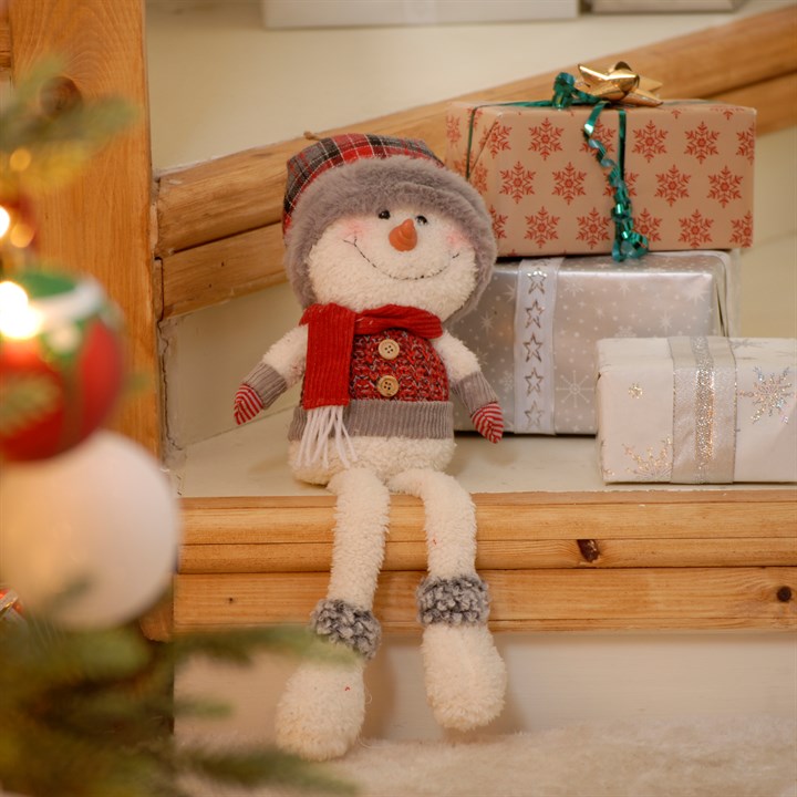 Sitting Snowman with Red Tartan Hat and Dangly Legs