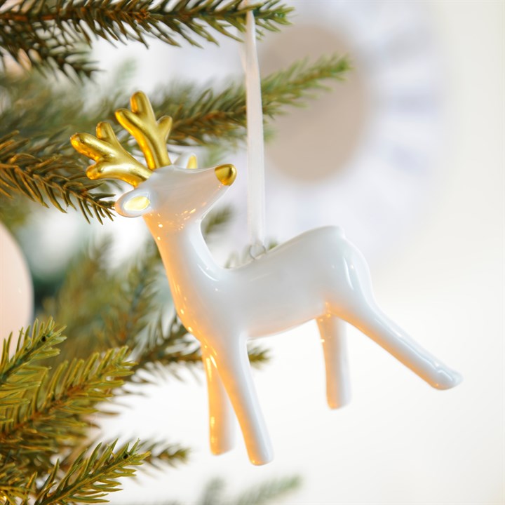 White Ceramic Looking Behind Reindeer Christmas Hanging Decoration