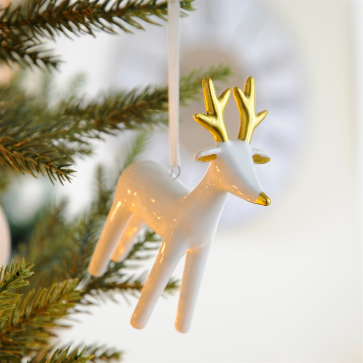 White Ceramic Looking Forward Reindeer Christmas Hanging Decoration