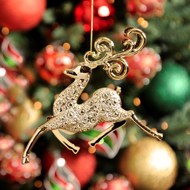 13cm Shiny Gold Hanging Prancing Reindeer Christmas Decoration
