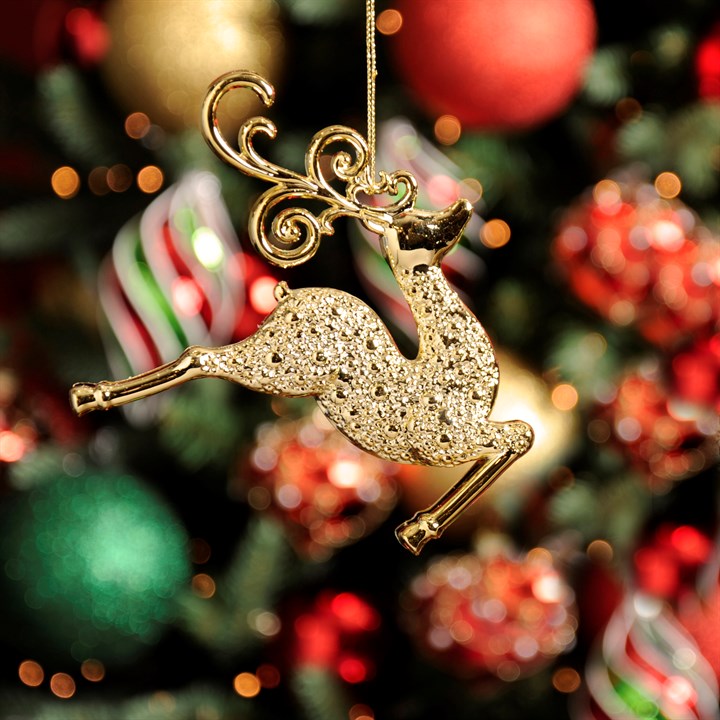 13cm Shiny Gold Hanging Leaping Reindeer Christmas Decoration