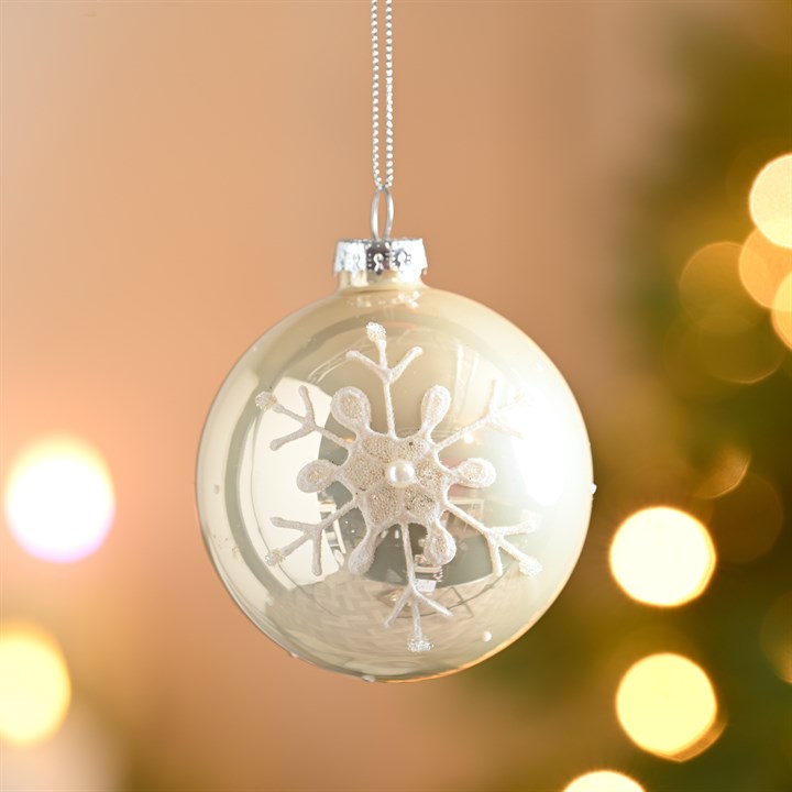 Light Gold Glass with White Snowflake Bauble