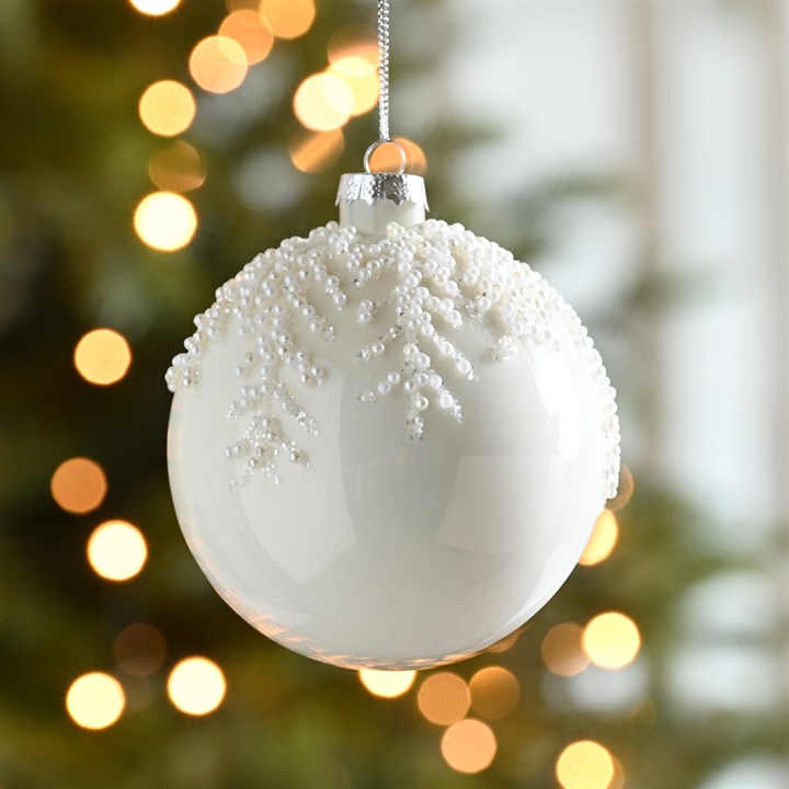 White Beads Line Glass Bauble