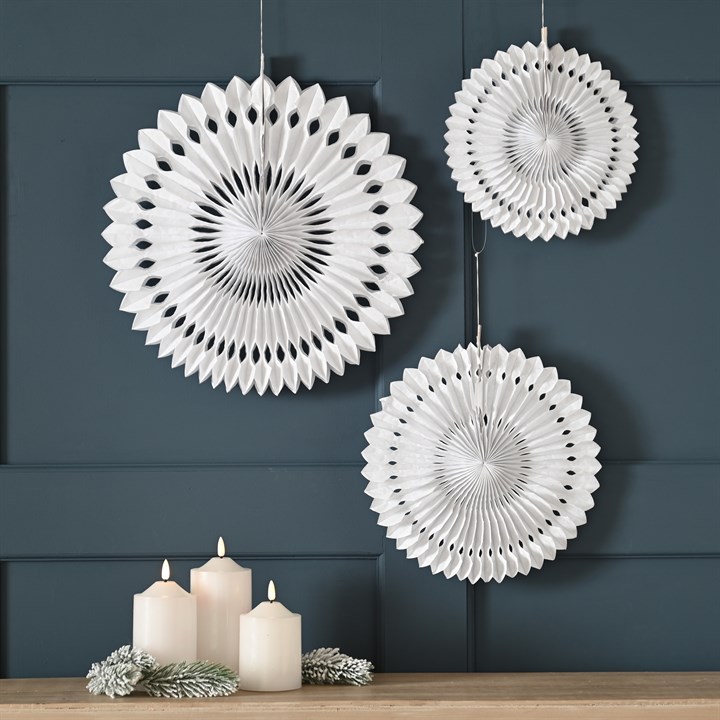 Set of 3 Paper Honeycomb White Fan Decorations