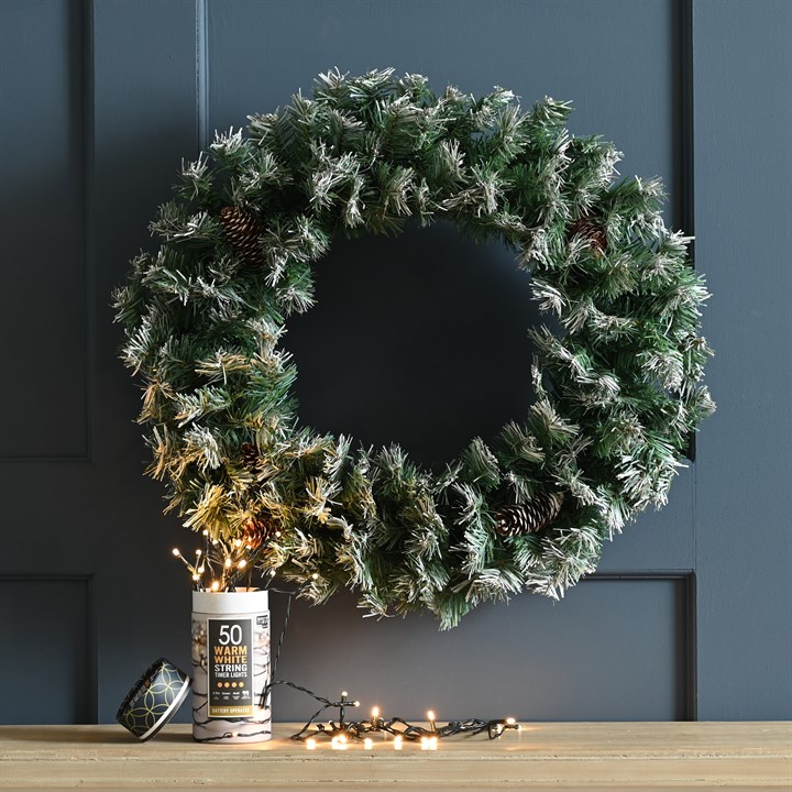 Frosted Green Wreath & 50 Warm White Fairy Lights Set