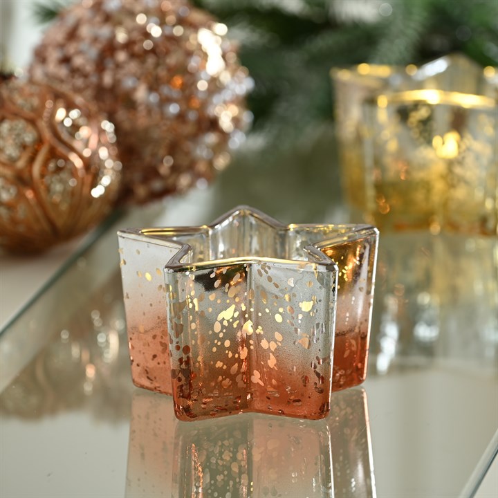 Copper & Silver Glass Star Tea Light Holder
